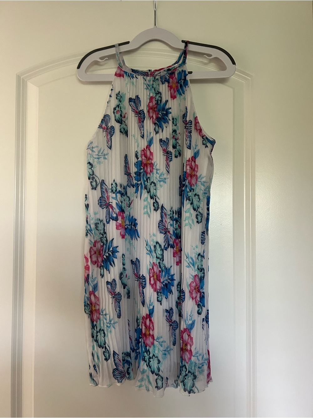 Rare Editions White Halter Dress with Blue & Pink Floral Print